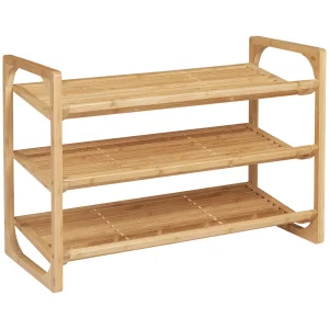 TRUUSK Schoenenrek – Bamboe – 3 niveaus – Handvat – Voor 9 paar schoenen – Schoen-organizer – 76 x 33 x 51 cm – Natuurkleurig